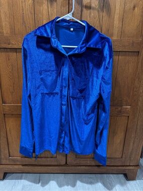 New Womens Blue Velour Button-Up Shirt